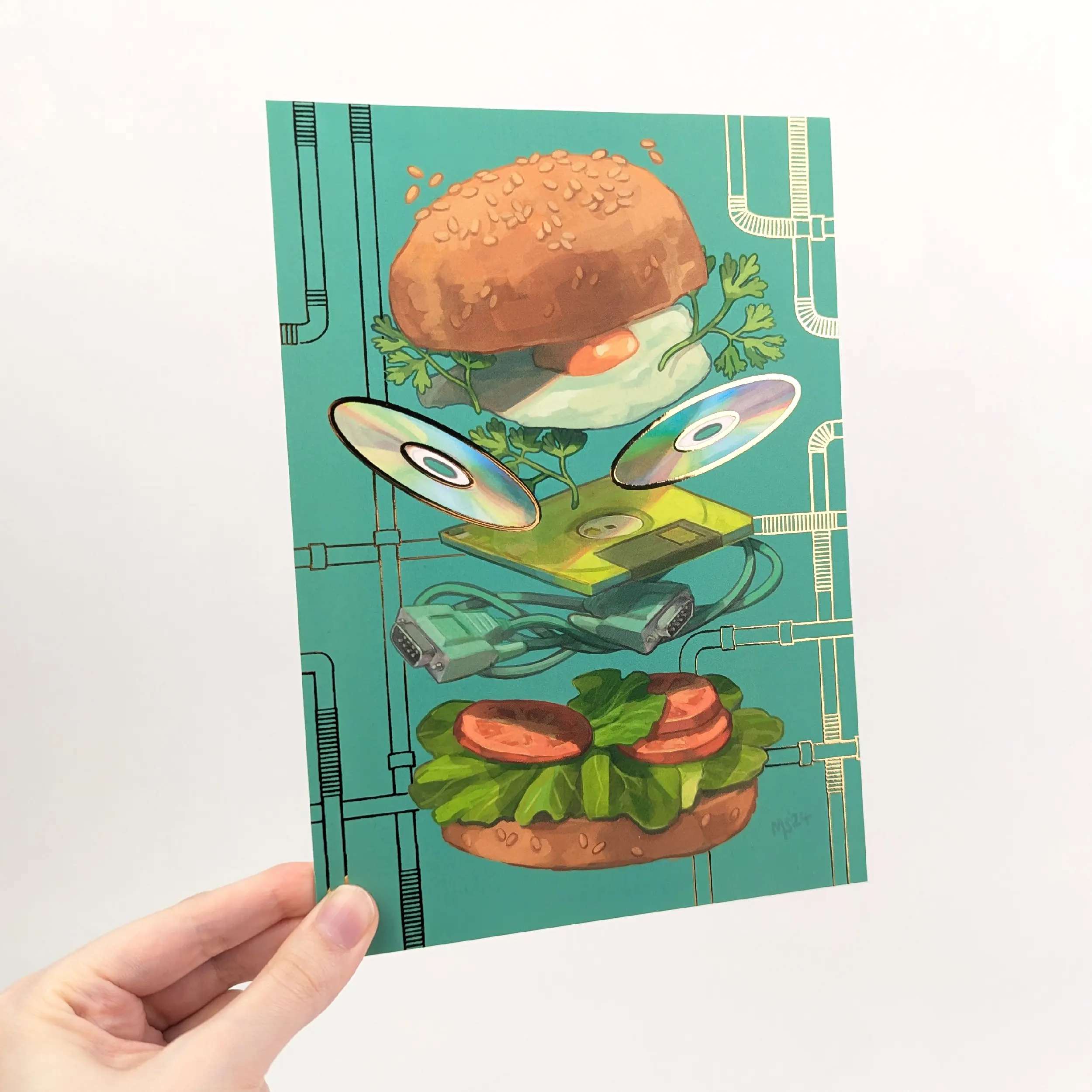 Retro Burger Gold Foil A5 Art Print, photo 8