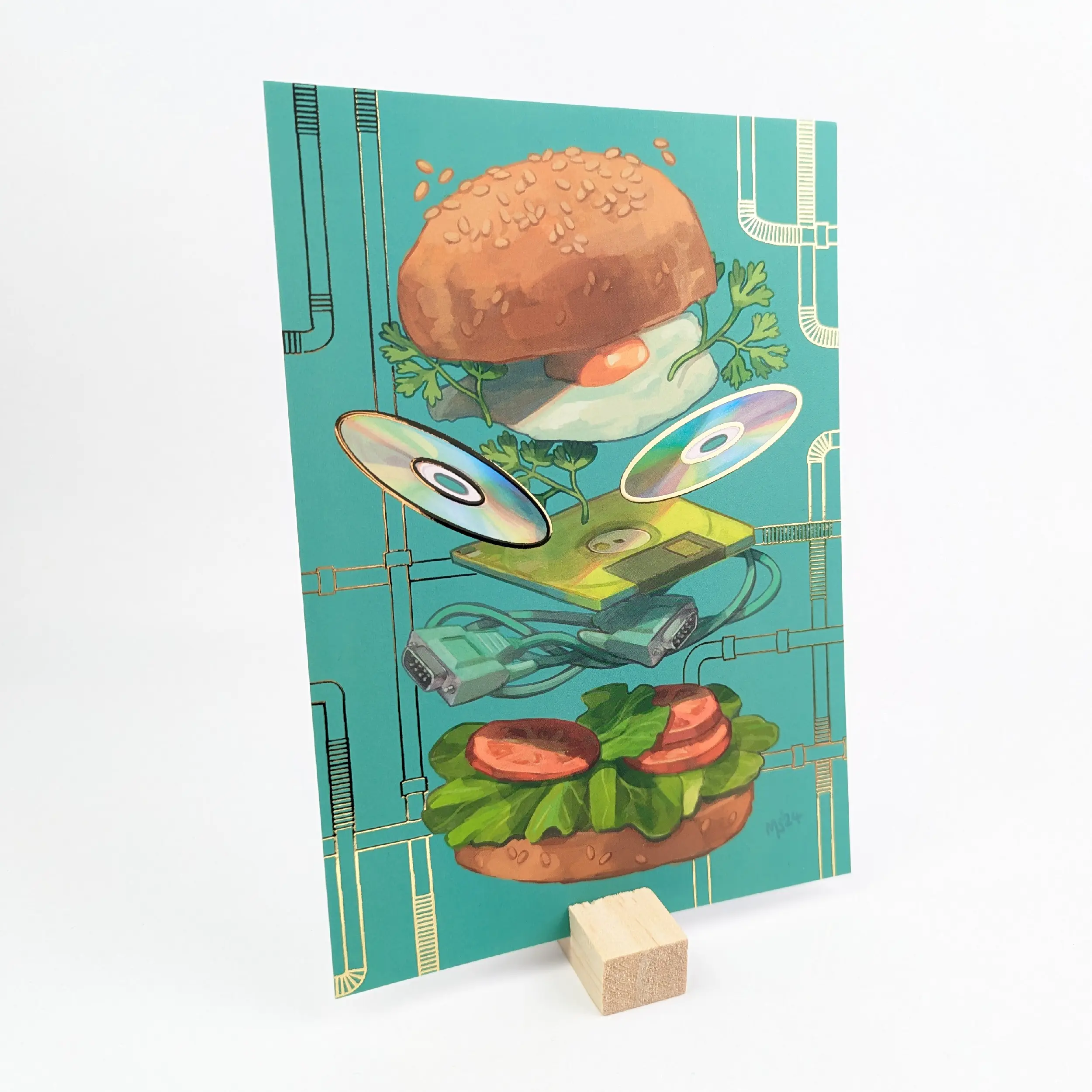 Retro Burger Gold Foil A5 Art Print, photo 7