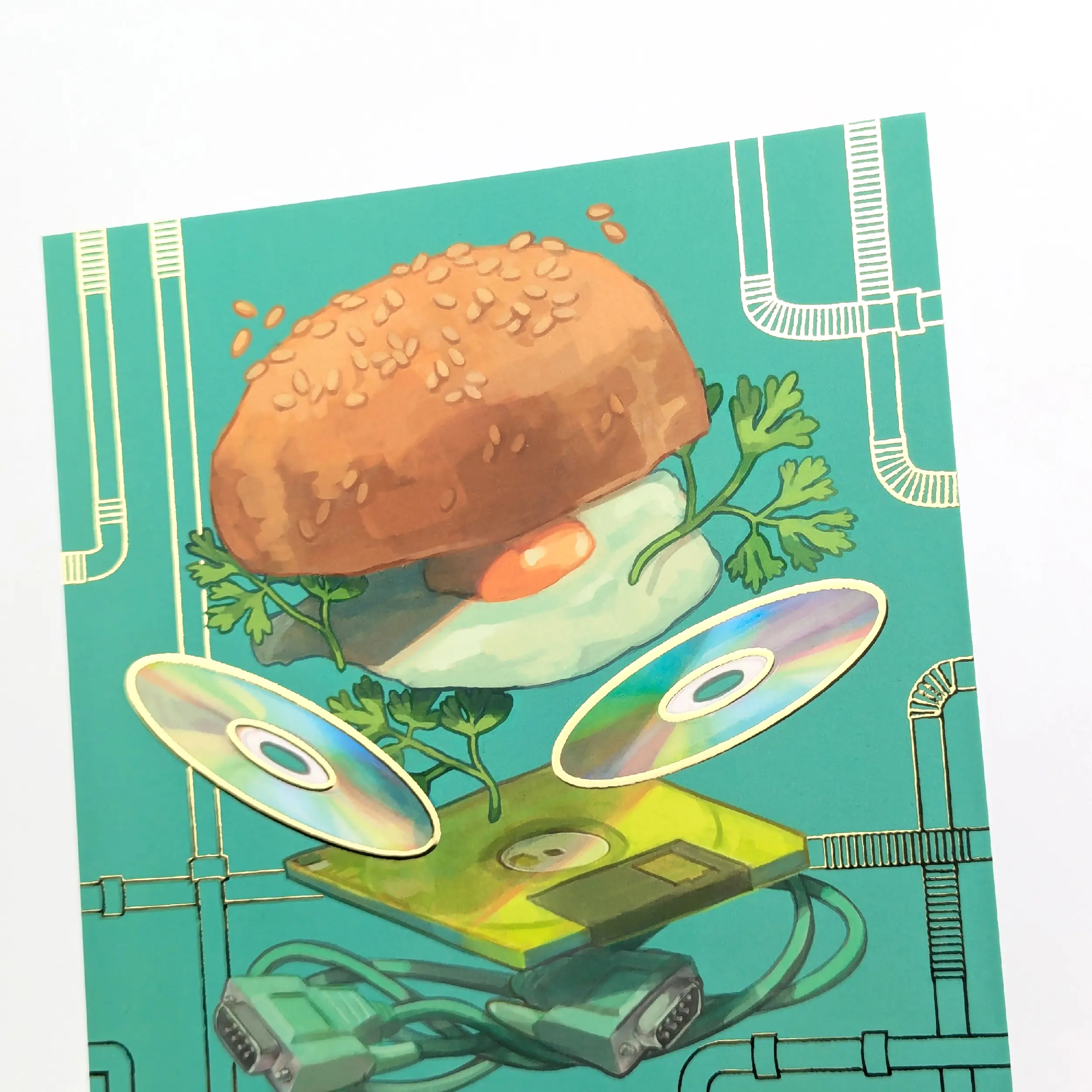 Retro Burger Gold Foil A5 Art Print, photo 4