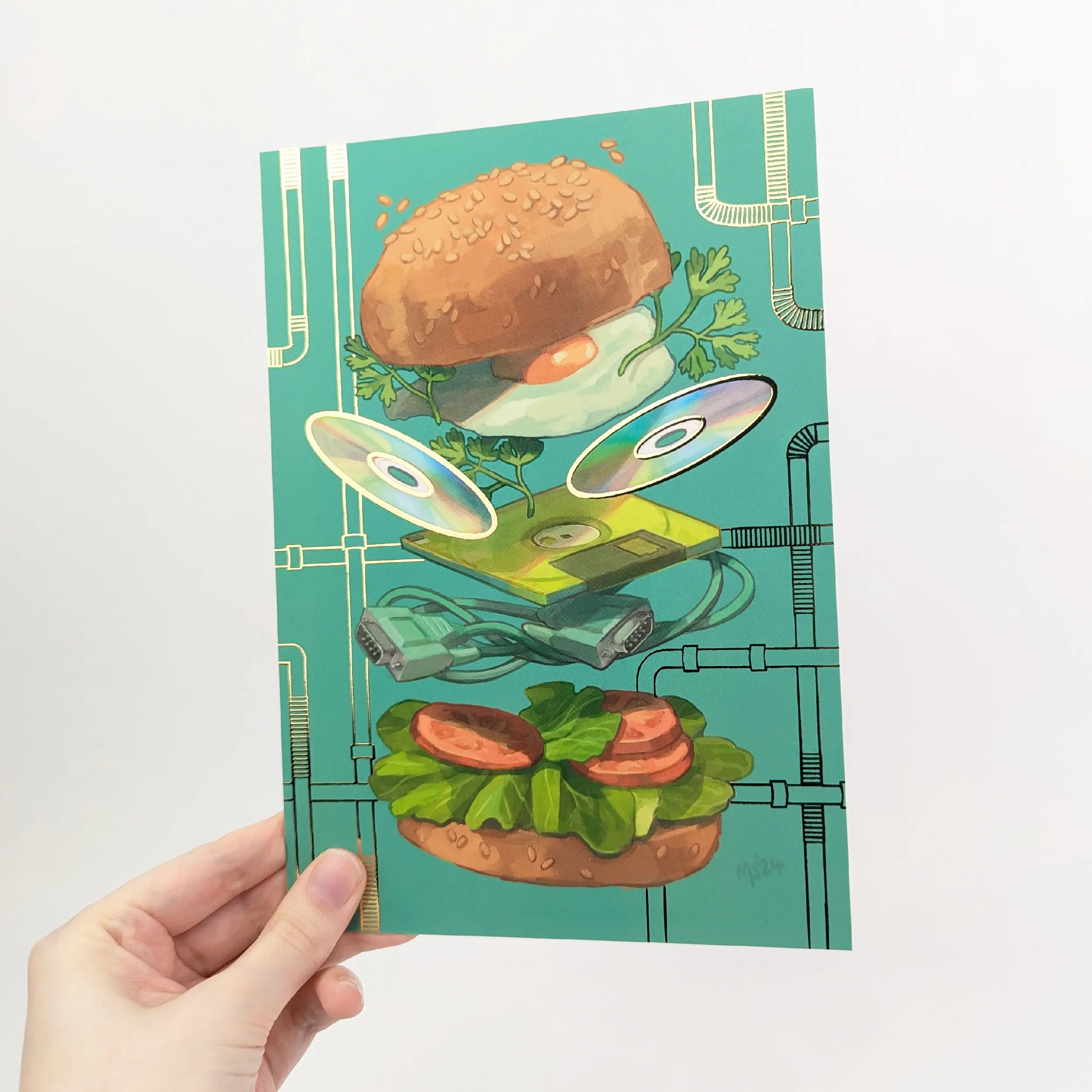 Retro Burger Gold Foil A5 Art Print, photo 9